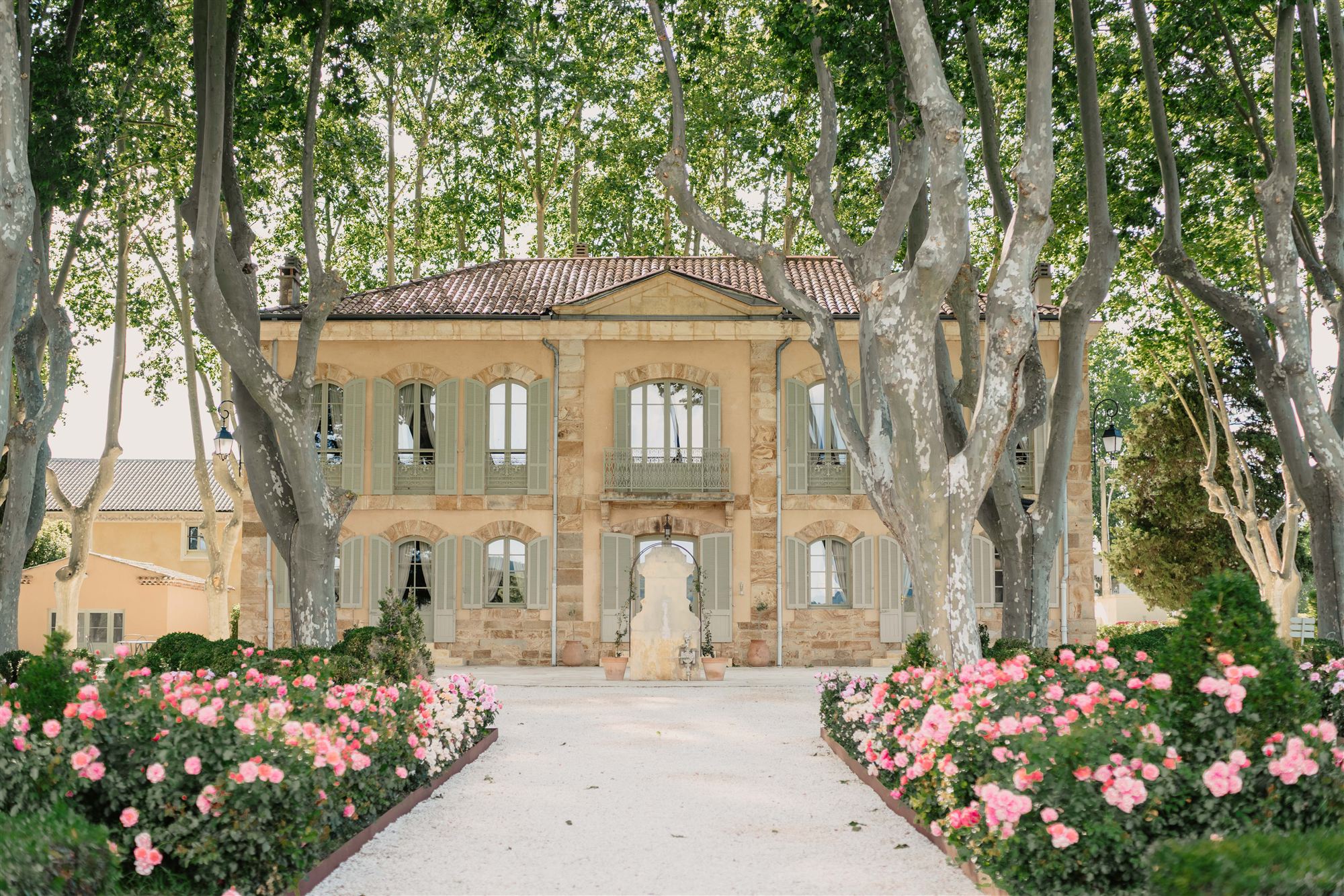 Château La Gordonne, façade bordée d'une allée de rosiers, dans le Var
